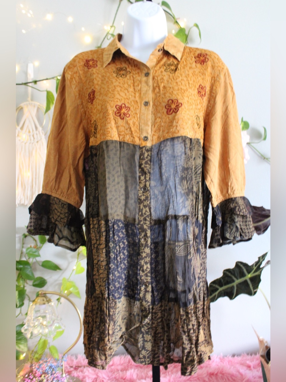Young Threads Boho Patchwork Embroidered Button Front Tunic Dress Size S
